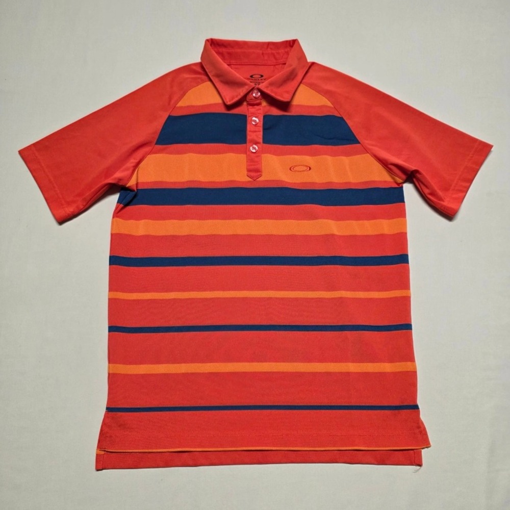 Oakley Men Small Slim Fit Striped Golf PoloShirt Orange Pullover Knit Breathable